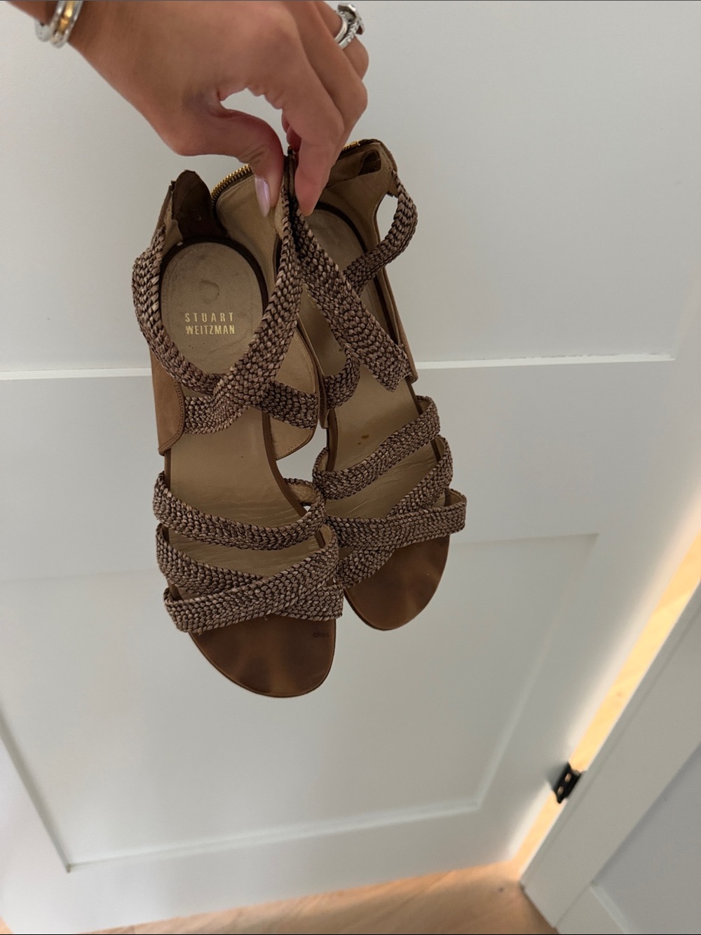 Stuart Weitzman Strappy Woven Heeled Sandals in Brown